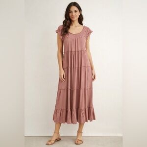 Mable Dusty Rose Tiered Gauzy Midi Dress